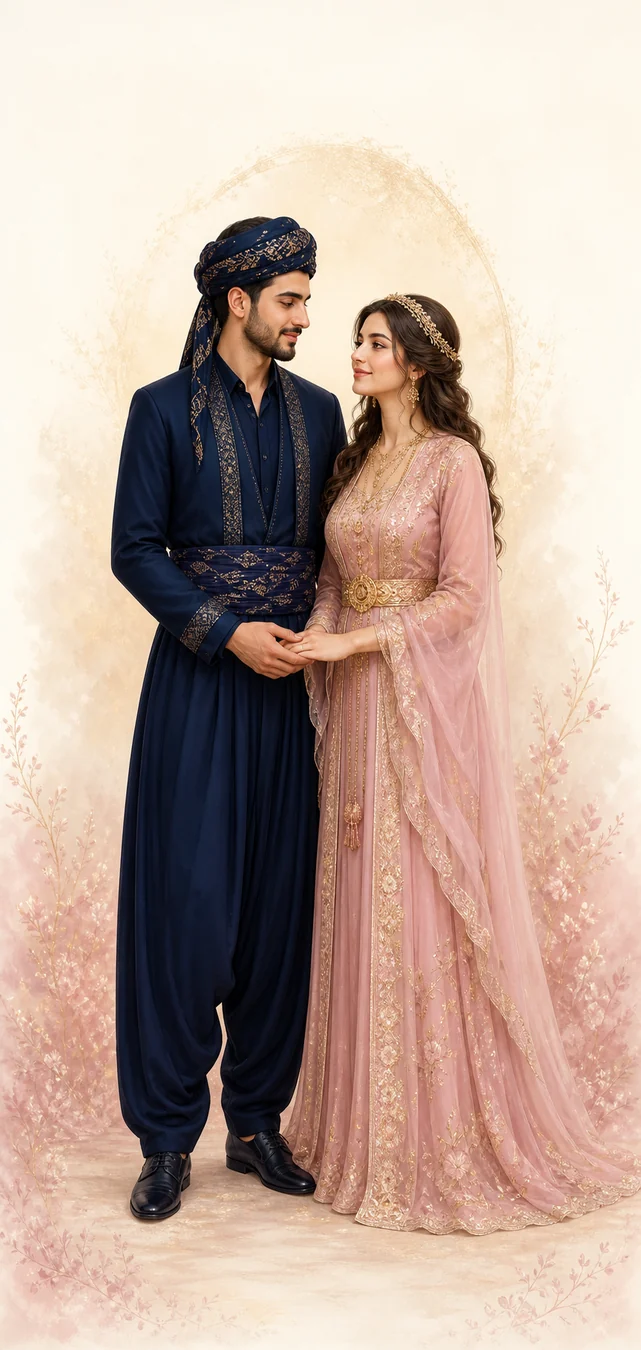 بووک و زاوایەکی کورد بە جلوبەرگی نەریتی، بە ڕەنگی پەمەیی و شینی تۆخ